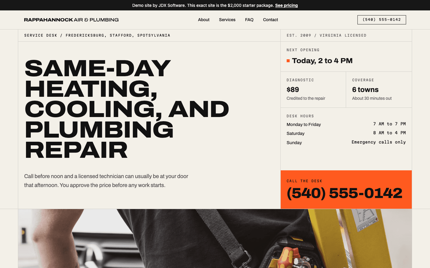 Home page of the Rappahannock Air & Plumbing demo. A large black headline reads Same-day heating, cooling, and plumbing repair, next to desk hours, a $89 diagnostic price, and an orange panel with the phone number.