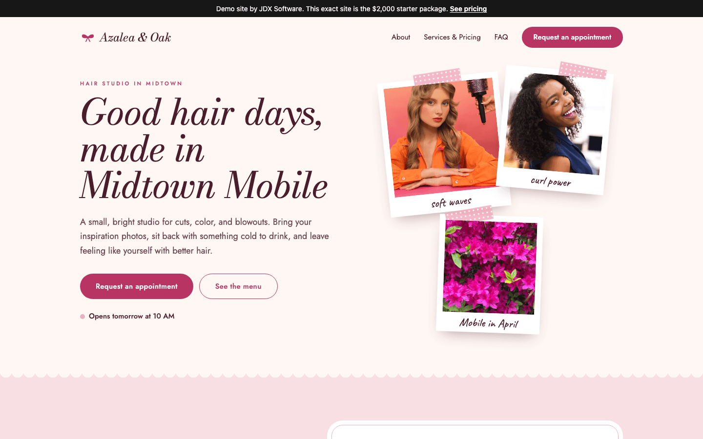 Home page of the Azalea & Oak Hair Studio demo. An italic headline reads Good hair days, made in Midtown Mobile, beside taped instant photos of a woman with soft waves, a laughing woman with dark curls, and pink azaleas.