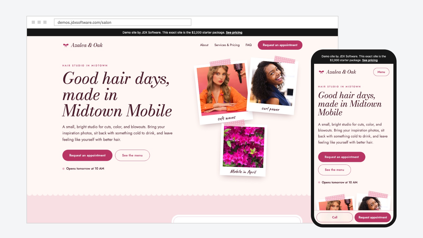 The Azalea & Oak Hair Studio demo site in a desktop browser, with the same home page on a phone beside it