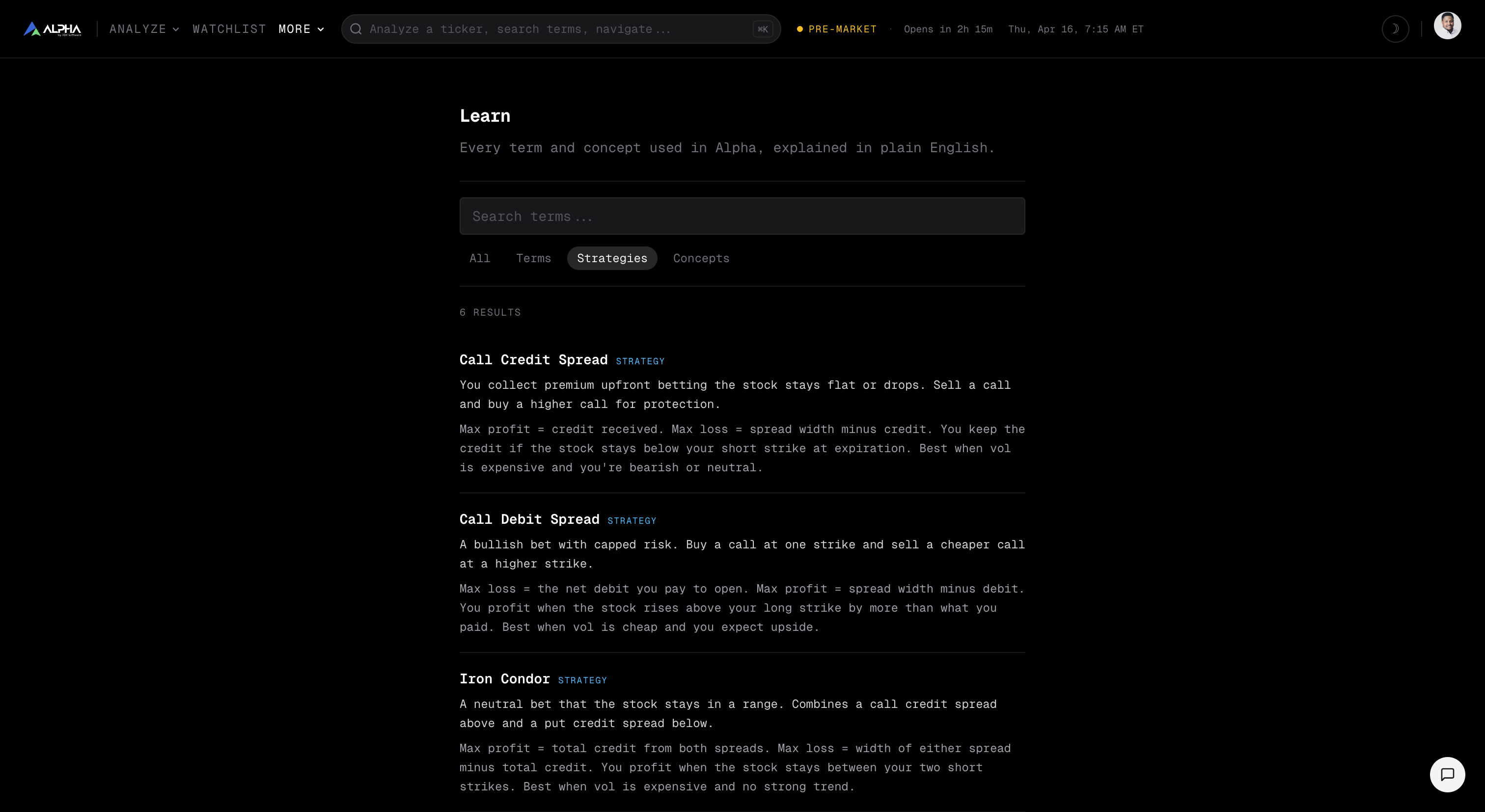 JDX Alpha Learn page showing a searchable glossary of trading terms, strategies, and concepts with category filters