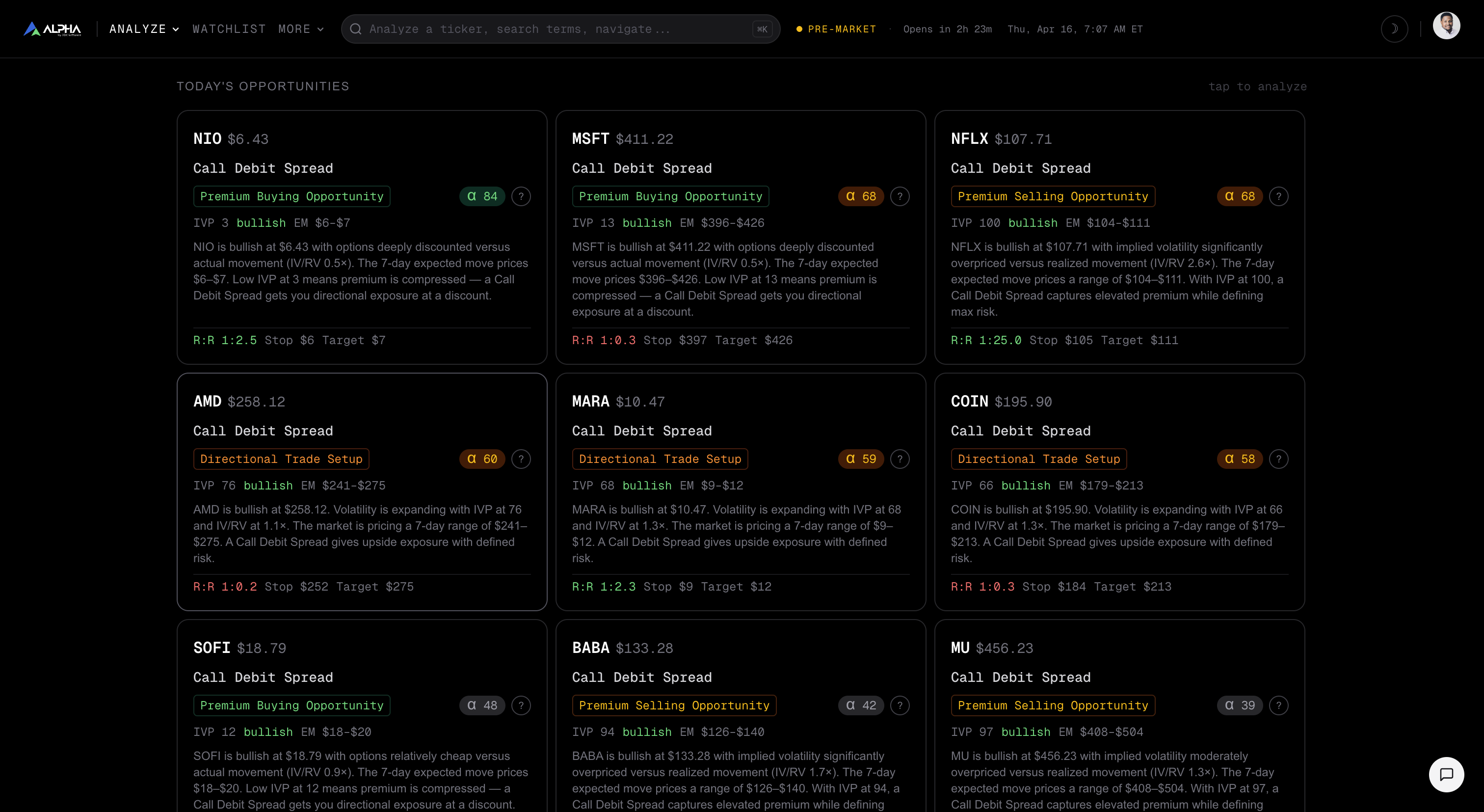 JDX Alpha Today's Opportunities scanner showing high-confidence intraday and swing setups across the market, each scored by Alpha Score